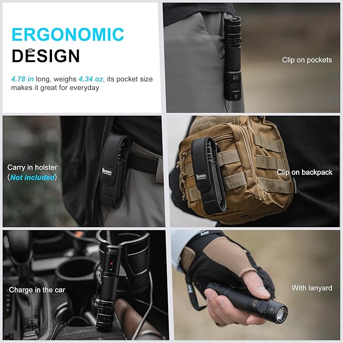 WUBEN مصباح ووبن C3 القابل لإعادة الشحن 1200 لومن - مصباح LED مع 6 أوضاع، شحن نوع-C، مقاوم للماء IP68، مصباح EDC للتخييم، في الهواء الطلق والاستخدام الطارئ، أسود - Image 5